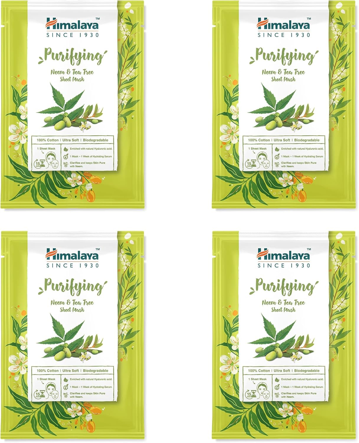 Maschera Purificante per Neem E Albero Del Tè, Maschera Monouso in Cotone, Antiossidante, Ricca Di Pelle Chiara E Rinfrescata, Con Acido Ialuronico per Un'Idratazione Intensa, 4 Pezzi