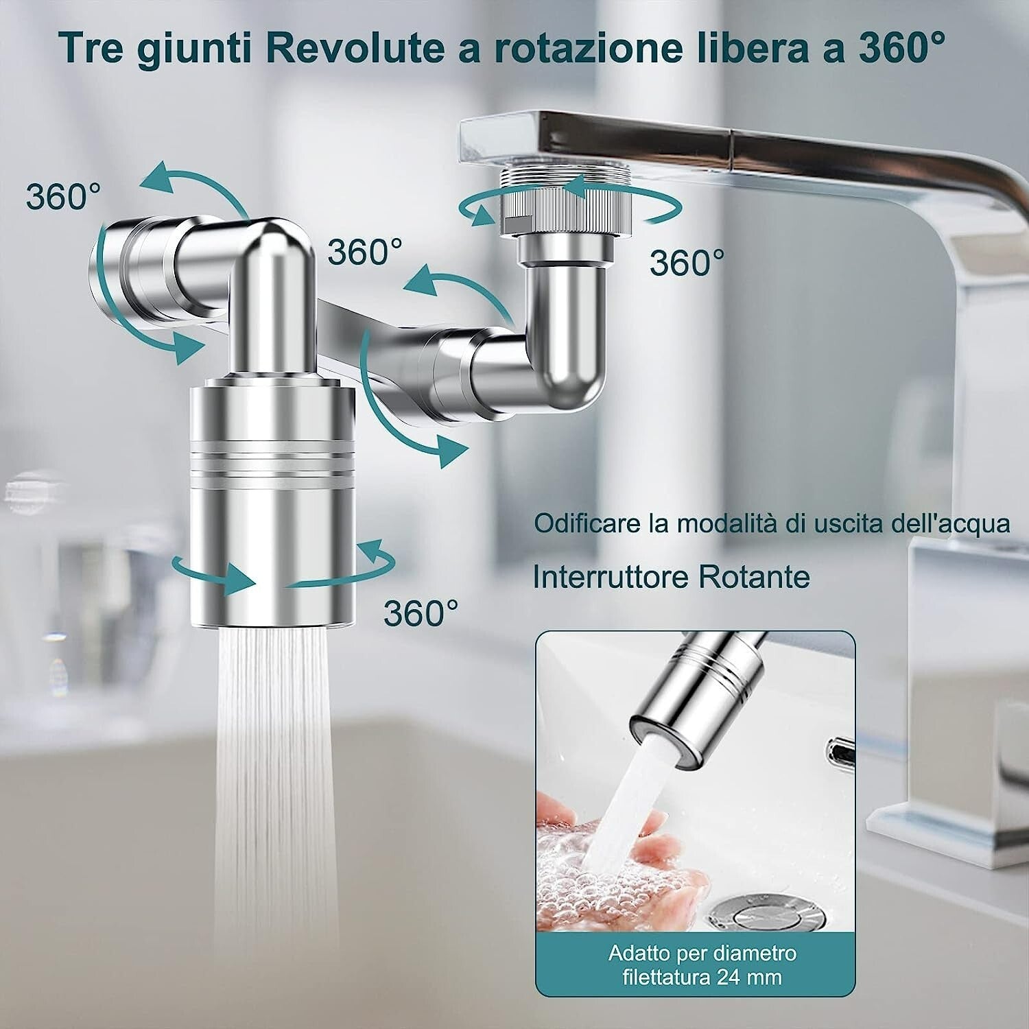 Rubinetto Rotante 1080 Gradi Prolunga Snodabile Girevole Aeratore Doccetta Filtr
