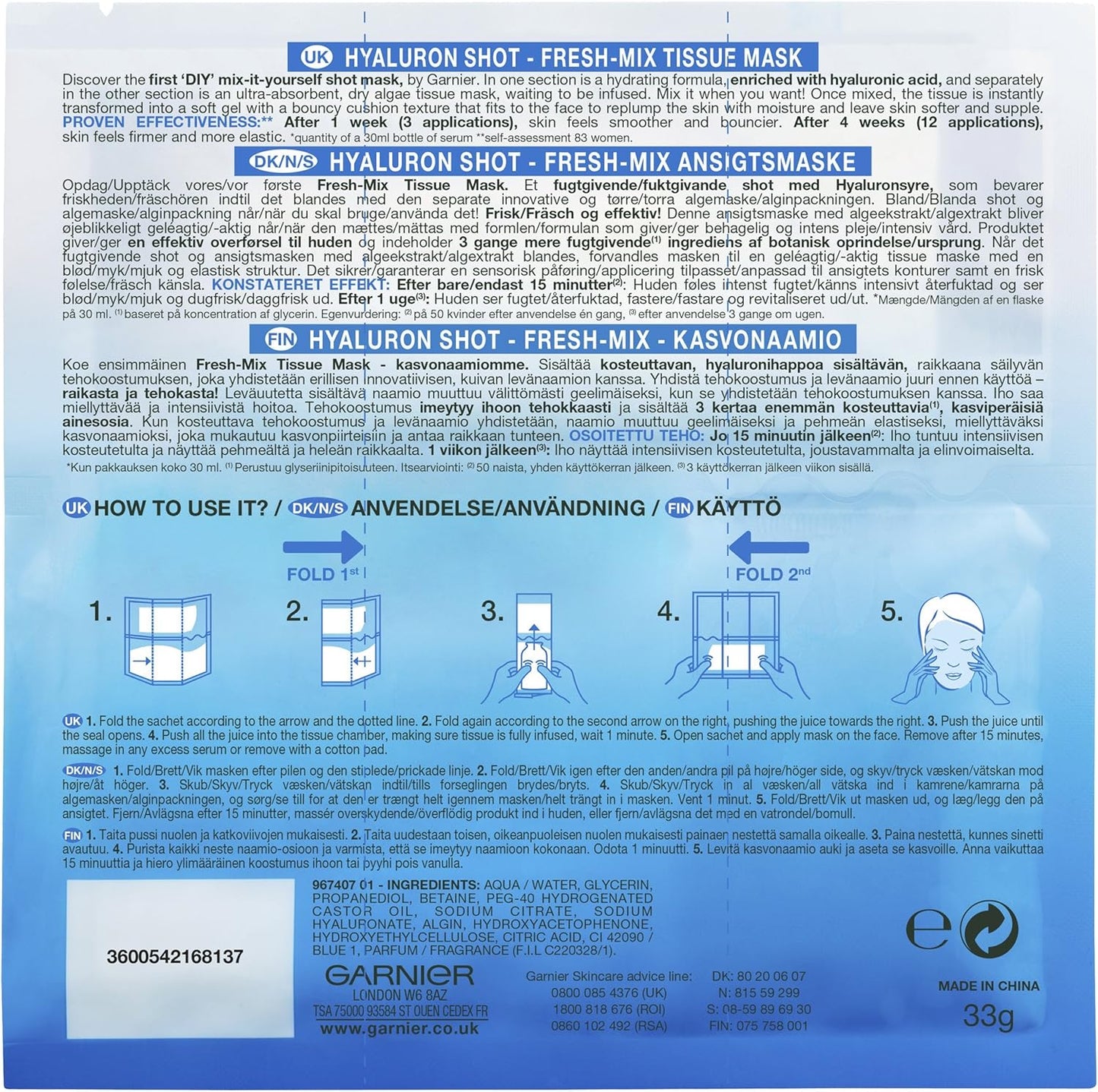 Fresh Mix - Maschera per Tessuto Rigenerante Con Acido Ialuronico, 33 G