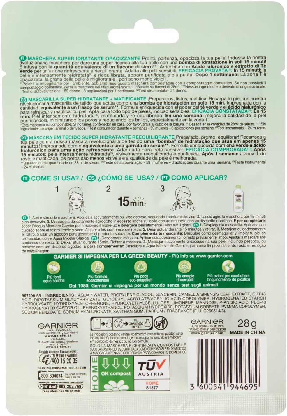 Skinactive Hydra Bomb Maschera Viso in Tessuto Super Idratante Opacizzante per Pelli Miste O Grasse, 32 Gr