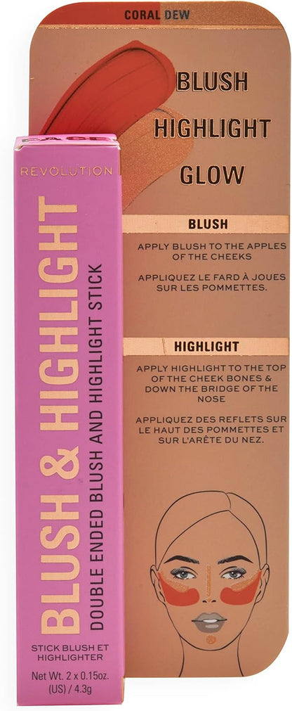 Makeup Revolution, Blush & Highlight Stick, Coral Dew, Fard E Highlighter per Il Viso, 4,3G