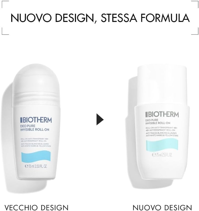 BIOTHERM, Deo Pure Invisible Roll-On, Deodorante Roll-On Antitraspirante, Efficace Fino a 48H, anti Macchie Bianche E Gialle Sui Vestiti, 75Ml