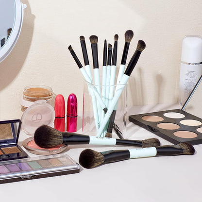 Pennelli Trucco, 10Pz Pennelli Make Up, 14-In-10 Duo-End Pennelli Collezione Versatilità, Fondotinta Polvere Ombretto Contorno Occhi Eyeliner Evidenziatore Fard Pennello, Ciano Brillante T500