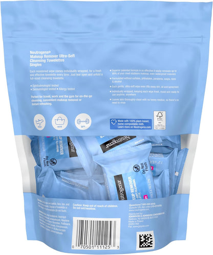 Makeup Remover Cleansing Towelette Singles, Daily Face Wipes to Remove Dirt, Oil, Makeup & Waterproof Mascara, Individually Wrapped, 20 Count
